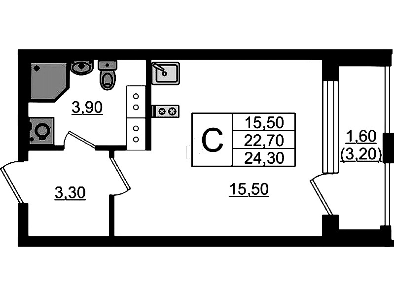 Квартира студия 24.3 м², 11/13 эт., ЖК «Тайм Сквер»